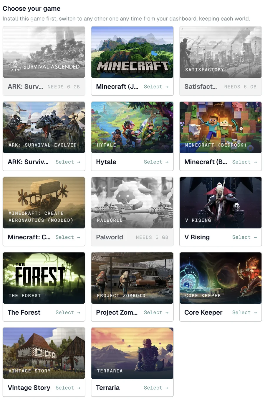 The "Choose your game" picker on the Netlonics checkout for a Flexible plan: a grid of game tiles with cover art — Minecraft, Satisfactory, ARK, Palworld, V Rising, The Forest, Core Keeper, Terraria and more — where games that need more RAM than the chosen plan are greyed out and labelled "needs X GB"