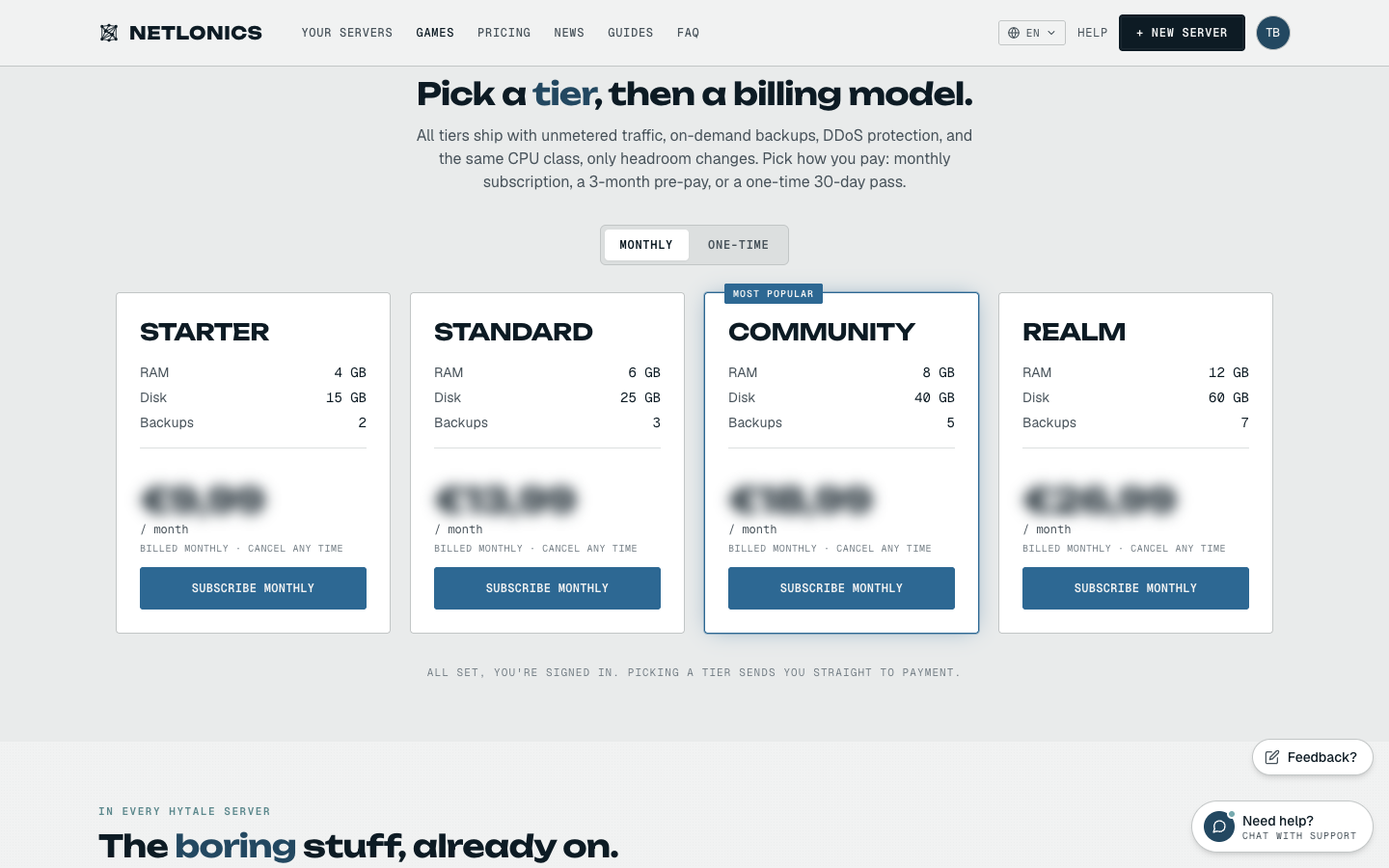 The Hytale tier picker on the Netlonics order page, showing Starter, Standard, Community and Realm cards side by side with RAM, disk and backup slots for each, and a Monthly / One-time billing toggle above them
