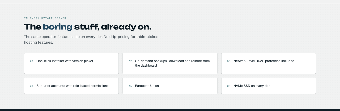 The Hytale page's "In every Hytale server" section listing six included features: one-click installer with version picker, on-demand backups you download and restore from the dashboard, network-level DDoS protection, sub-user accounts with role-based permissions, European Union hosting, and NVMe SSD on every tier