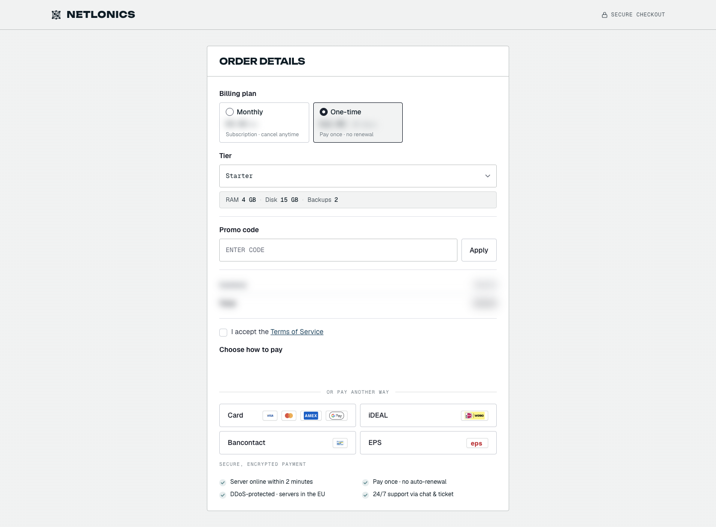 The Netlonics secure checkout page showing the order details — billing plan, the chosen Starter tier with its RAM, disk and backup counts, a promo-code field, a Terms of Service checkbox, and payment options including card, iDEAL and Bancontact