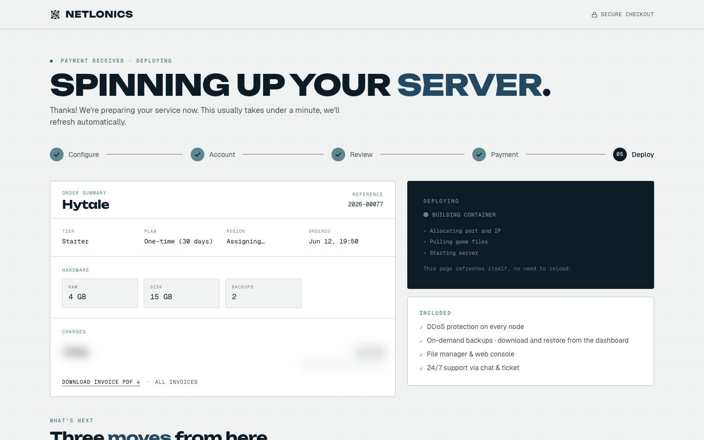 The post-payment "Spinning up your server" screen with the funnel tracker on Deploy, an order summary for the Hytale Starter plan, and a Deploying panel listing "Building container, allocating port, pulling game files, starting server"
