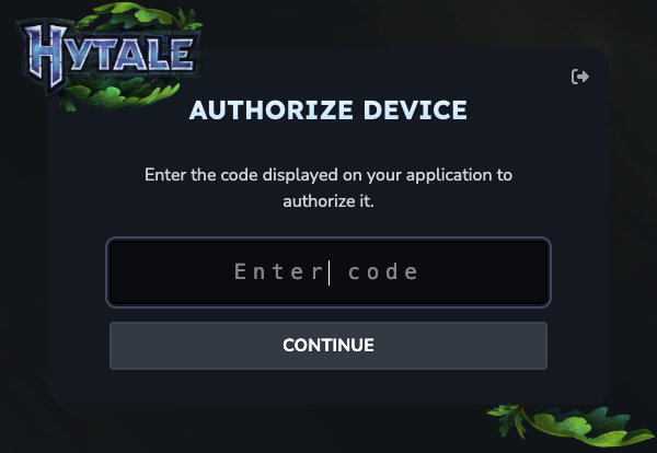 Hytale's "Authorize device" page: the Hytale logo above an "Enter the code displayed on your application to authorize it" prompt, a code-entry field, and a Continue button