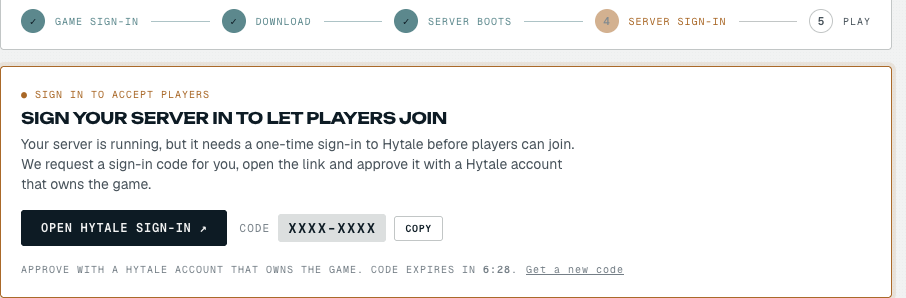 The dashboard with the server now Running and the second sign-in card, "Sign your server in to let players join", showing an Open Hytale sign-in button and a code; the tracker shows Game sign-in, Download and Server boots all complete, with Server sign-in active