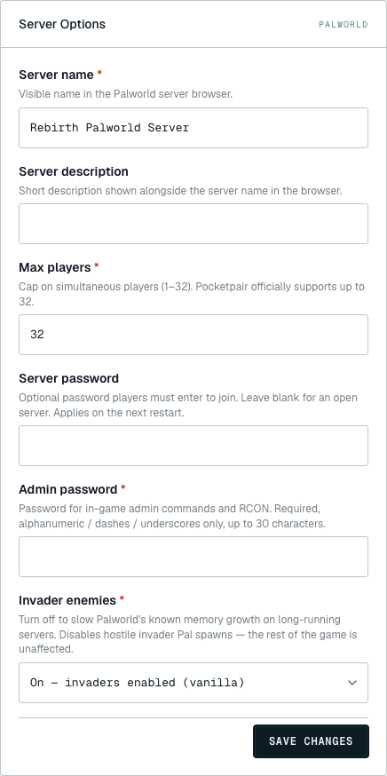 Palworld Server Options panel in the Netlonics dashboard, showing the six configurable variables — Server name, Server description, Max players, Server password, Admin password, Invader enemies — with their defaults applied and a SAVE CHANGES button at the bottom
