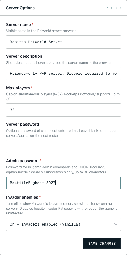 The same Server Options panel with edits in progress — a custom Server name, a Server description, an Admin password typed into the field, and the SAVE CHANGES button still pending