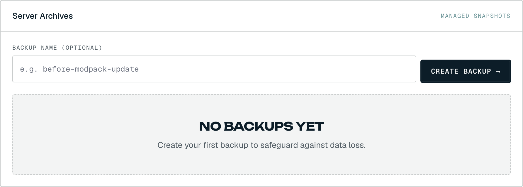 Server Archives panel with an optional backup-name field, a Create Backup button, and a "No backups yet" empty state