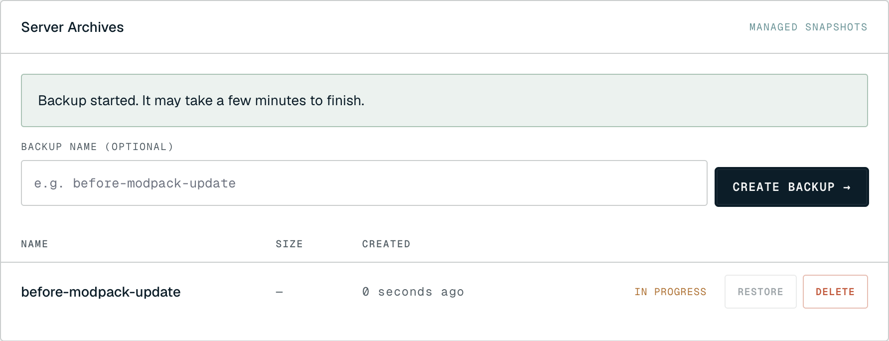 The Server Archives panel showing a "Backup started" confirmation and a backup row marked IN PROGRESS
