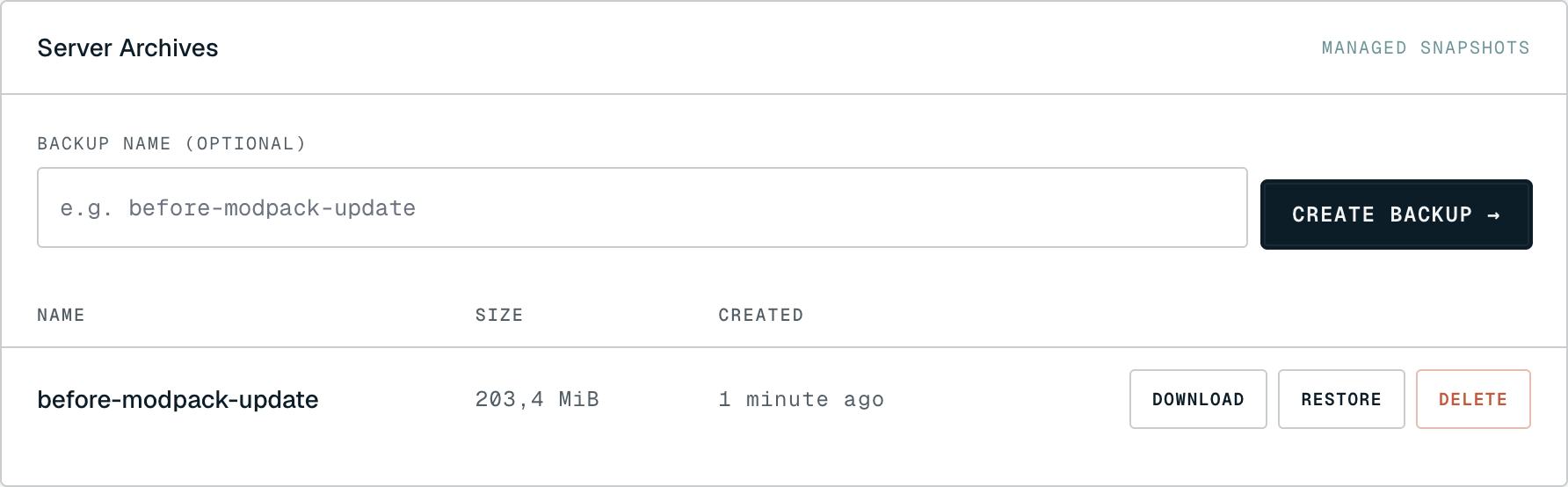 A completed backup row showing its size and the Download, Restore, and Delete actions
