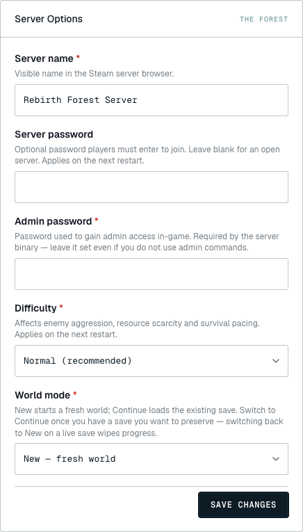 The Forest Server Options panel in the Netlonics dashboard, showing the five configurable variables — Server name, Server password, Admin password, Difficulty, World mode — with their defaults applied and a SAVE CHANGES button at the bottom