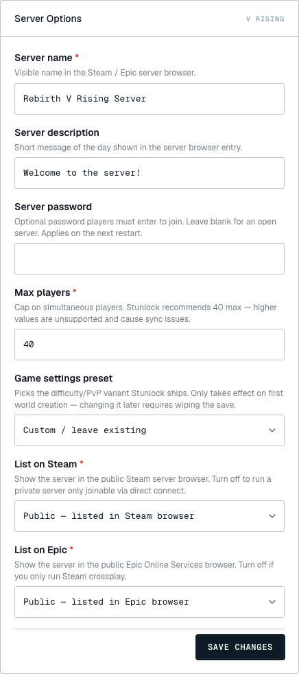 V Rising Server Options panel in the Netlonics dashboard, showing the seven configurable variables — Server name, Server description, Server password, Max players, Game settings preset, List on Steam, List on Epic — with their defaults applied and a SAVE CHANGES button at the bottom