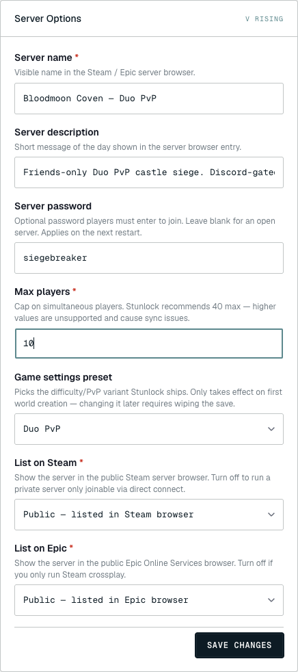 The same panel with edits in progress — a custom Server name "Bloodmoon Coven — Duo PvP", a description, a server password, max players set to 10, the Game settings preset switched to Duo PvP, and the SAVE CHANGES button still pending