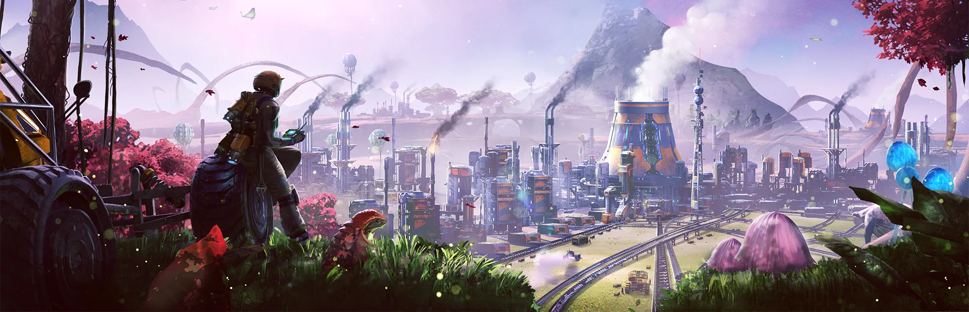 A Satisfactory factory at dusk
