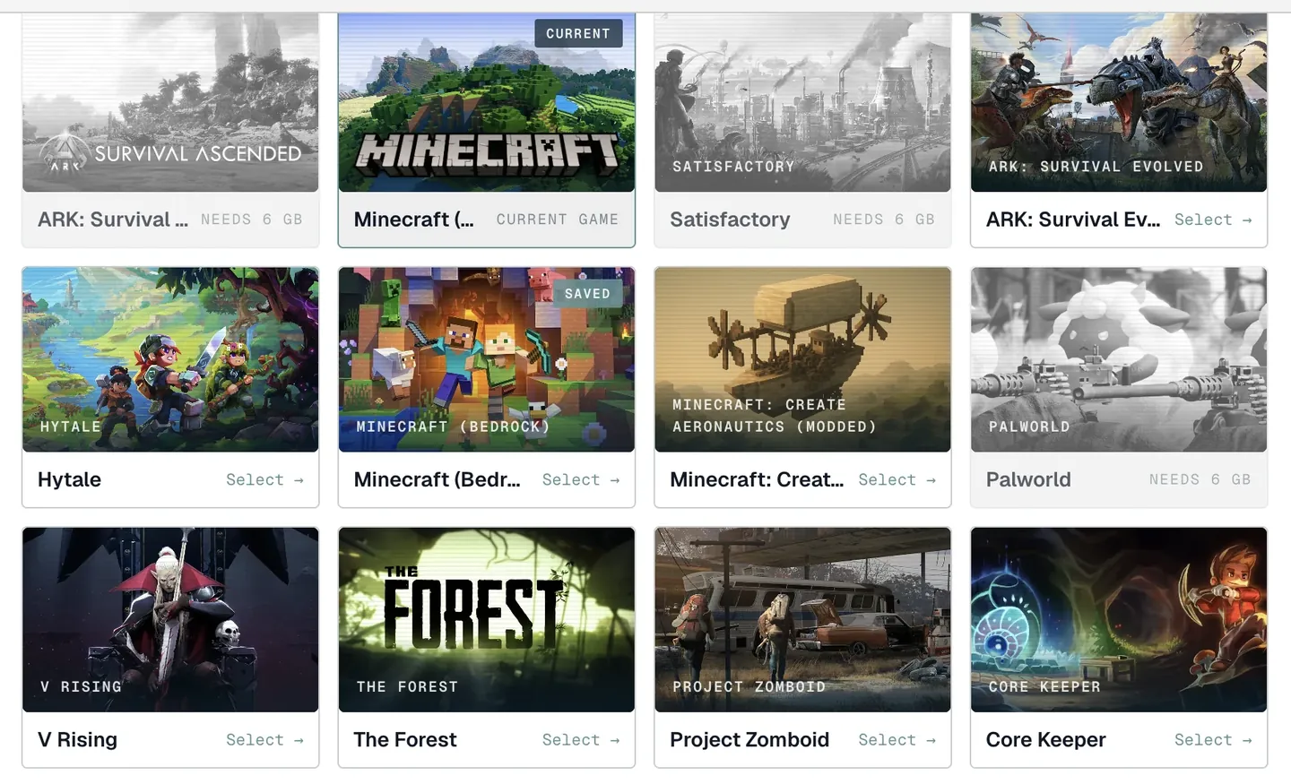 Die Spielauswahl im Netlonics-Dashboard: eine Übersicht der Spiele, die Du auf einem Flexible-Server installieren kannst, mit dem aktuellen Spiel und gespeicherten Welten markiert